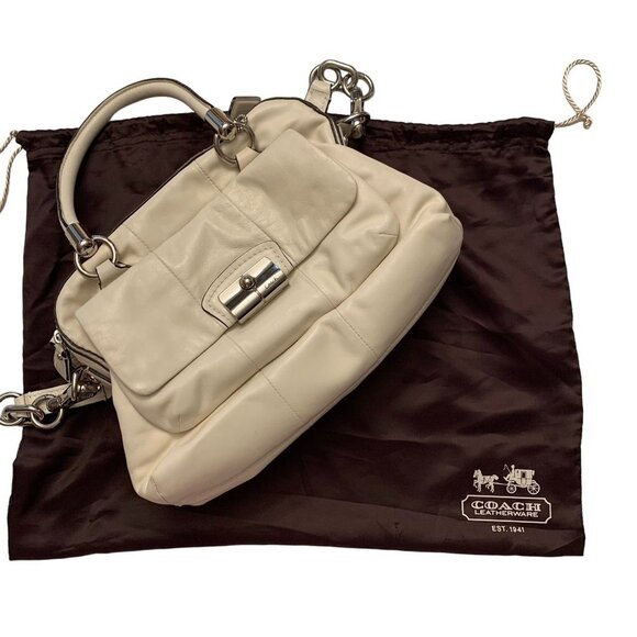 Coach Ivory  Leather Handbag Handles & shoulder strap Dual sides  12L x 8Hx 4.5W - Picture 1 of 16